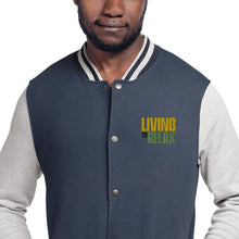 Load image into Gallery viewer, Embroidered Champion Bomber Jacket (Living to Relax Phrase)