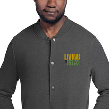 Load image into Gallery viewer, Embroidered Champion Bomber Jacket (Living to Relax Phrase)