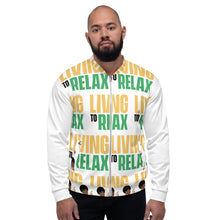 Load image into Gallery viewer, Unisex Bomber Jacket Living to Relax GreenGold White