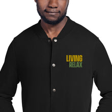 Load image into Gallery viewer, Embroidered Champion Bomber Jacket (Living to Relax Phrase)