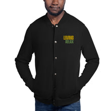 Load image into Gallery viewer, Embroidered Champion Bomber Jacket (Living to Relax Phrase)